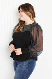 Emerald Glamorous Evening Illusion Metallic Mesh Balloon Sleeve Top