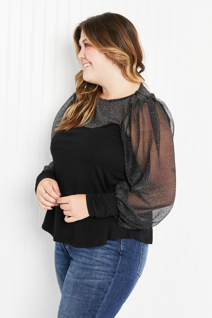 Emerald Glamorous Evening Illusion Metallic Mesh Balloon Sleeve Top