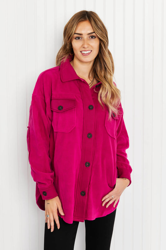 Zenana Cozy in the Cabin Full Size Fleece Elbow Patch Shacket in Magenta