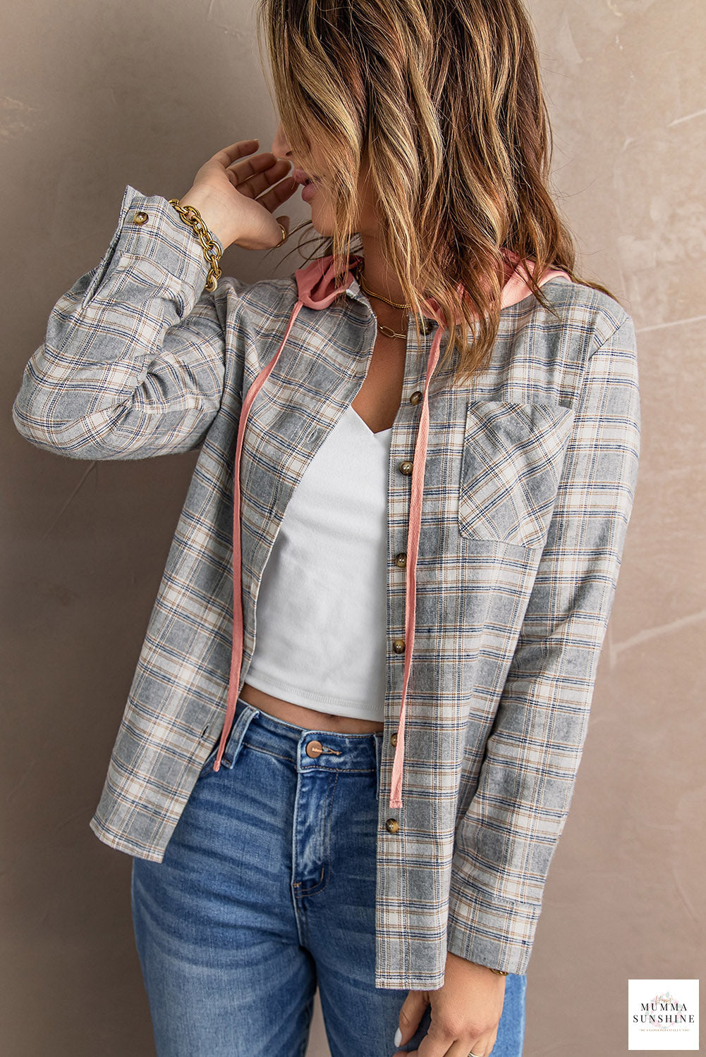 Plaid Drawstring Hooded Shirt Jacket