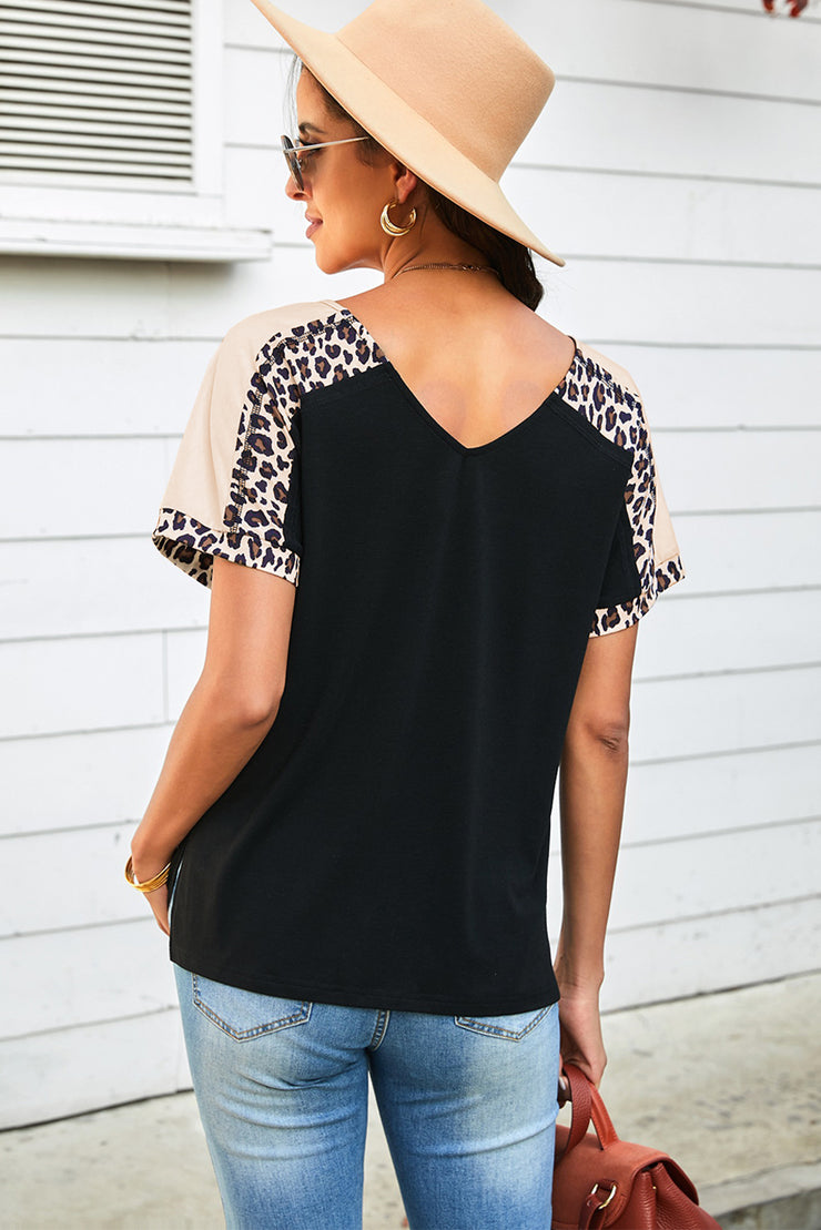 Leopard Sleeve Side Slit V-Neck Tee-Shirt