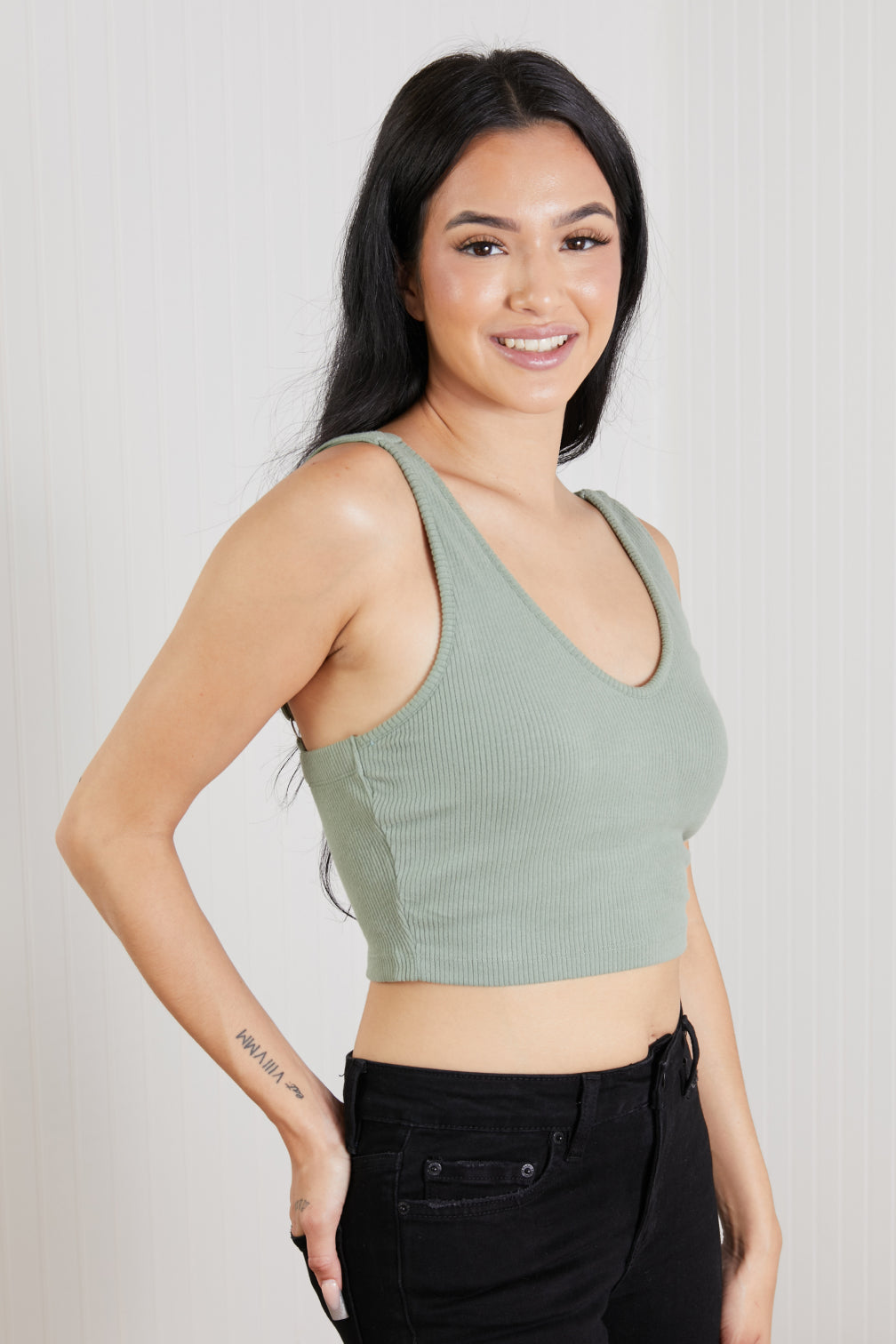 White Birch Sense of It All Full Size Cropped V-Neck Tank Top in Mint