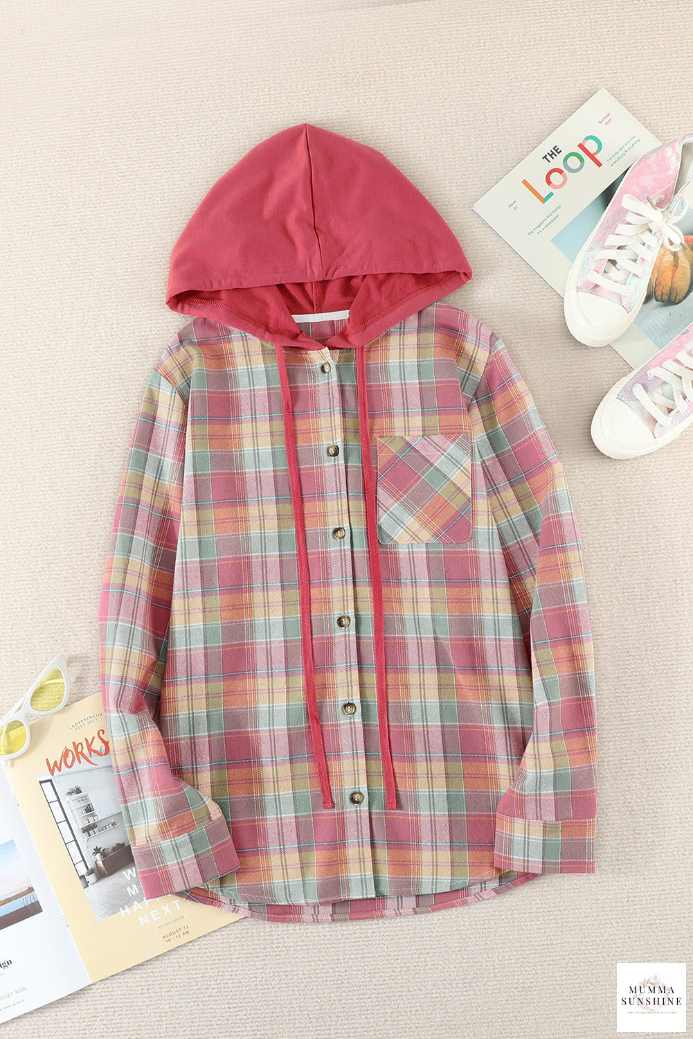 Plaid Drawstring Hooded Shirt Jacket