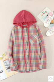 Plaid Drawstring Hooded Shirt Jacket