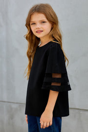 Girls Sheer Striped Flare Sleeve Tee Shirt