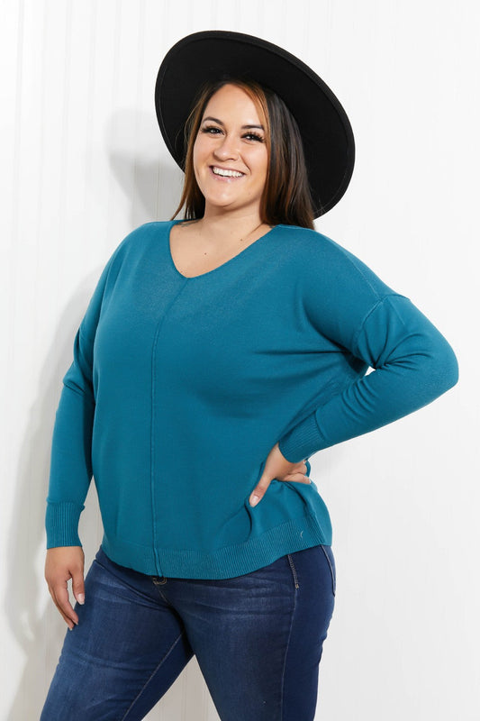 Zenana Hello Fall Full Size Center Seam Sweater in Teal