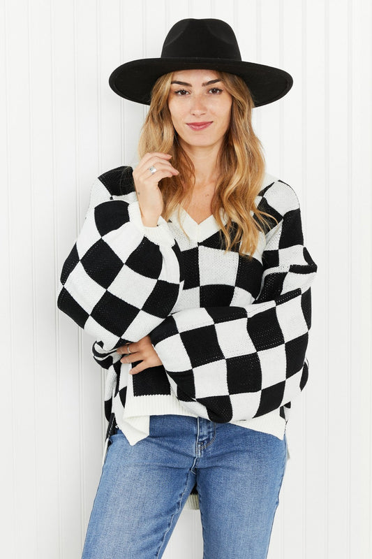 Davi & Dani Reality Check Full Size Checkered V-Neck Sweater