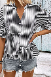 Striped Asymmetrical Flounce Sleeve Blouse
