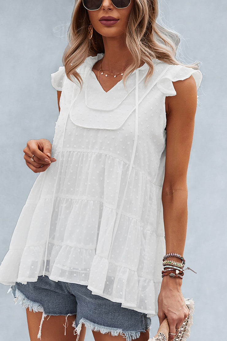 Swiss Dot Ruffle Sleeve Tiered Top