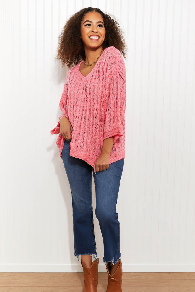 POL My Way Full Size Cable Knit Flare Sleeve Sweater