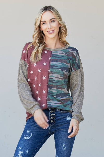 Heimish Full Size Camo and Star Print Top