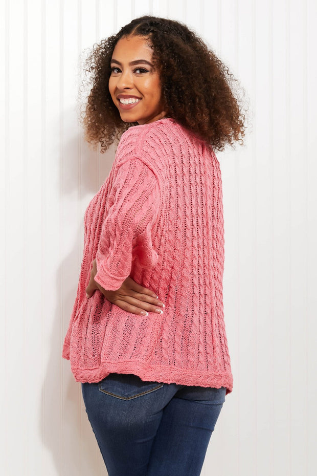 POL My Way Full Size Cable Knit Flare Sleeve Sweater