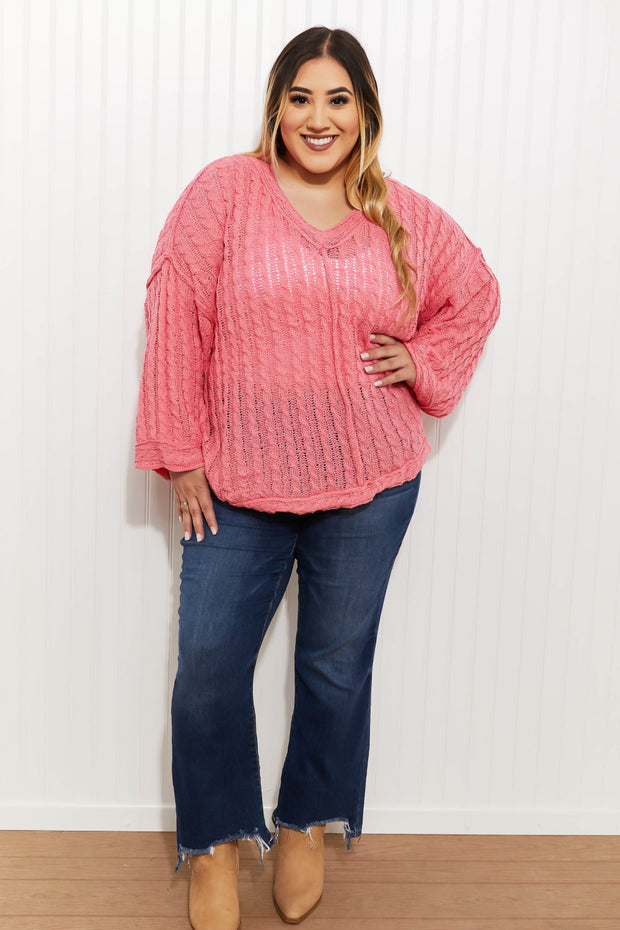 POL My Way Full Size Cable Knit Flare Sleeve Sweater