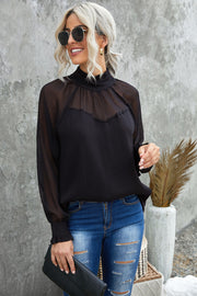 Frill Neck Spliced Mesh Blouse