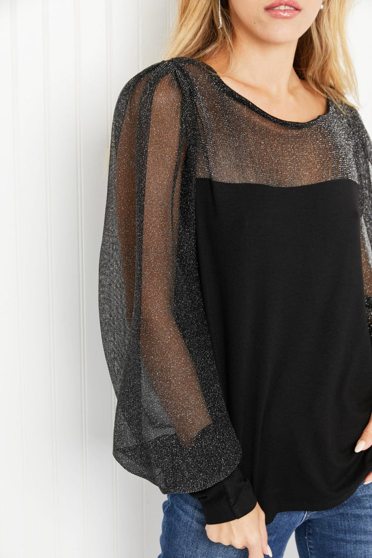 Emerald Glamorous Evening Illusion Metallic Mesh Balloon Sleeve Top