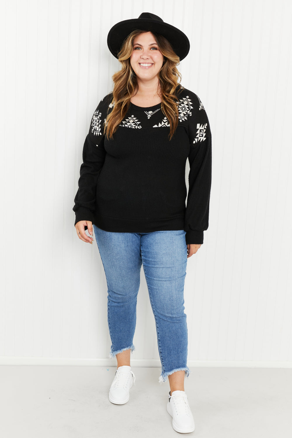 Acting Pro Finding Fall Full Size Geometric Yoke Long Sleeve Top