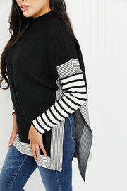 Zenana Cabinside Full Size Contrast Stripe Mock Neck Sweater