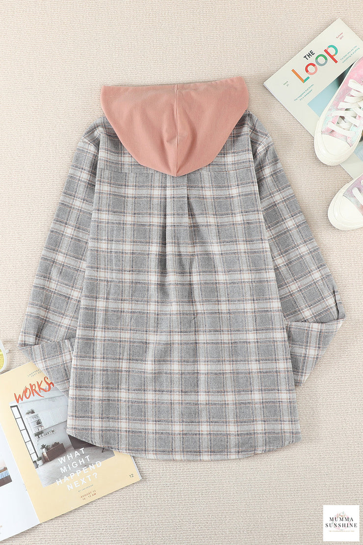 Plaid Drawstring Hooded Shirt Jacket