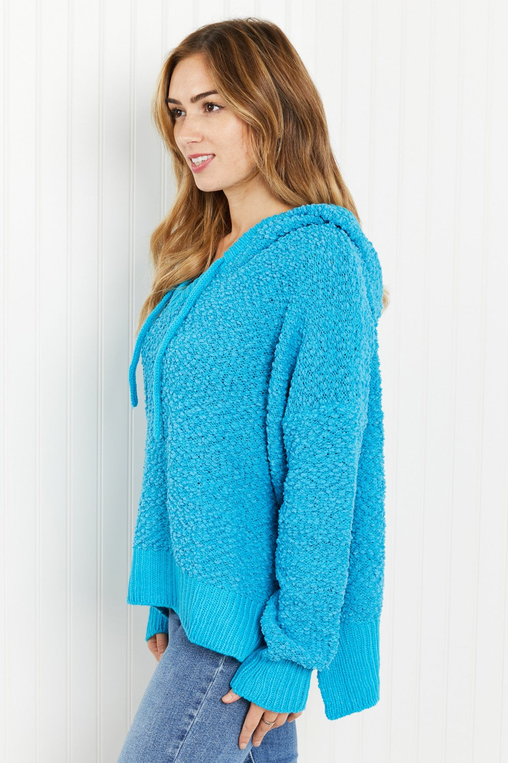 POL Game Night Full Size Textured Knit Hoodie in Pool Blue
