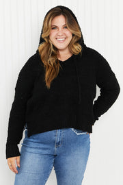 POL Game Night Full Size Textured Knit Hoodie in Black