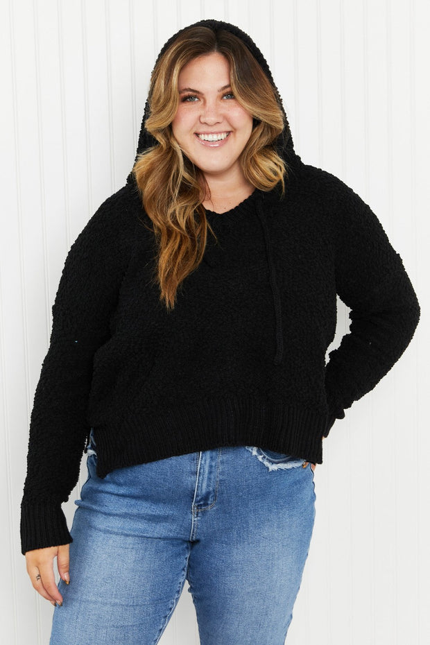 POL Game Night Full Size Textured Knit Hoodie in Black