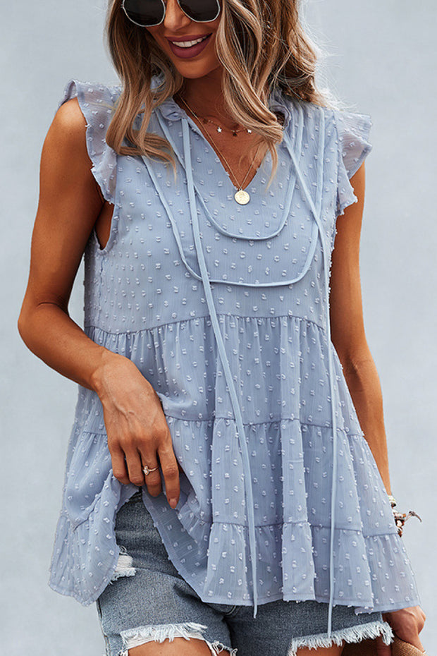 Swiss Dot Ruffle Sleeve Tiered Top