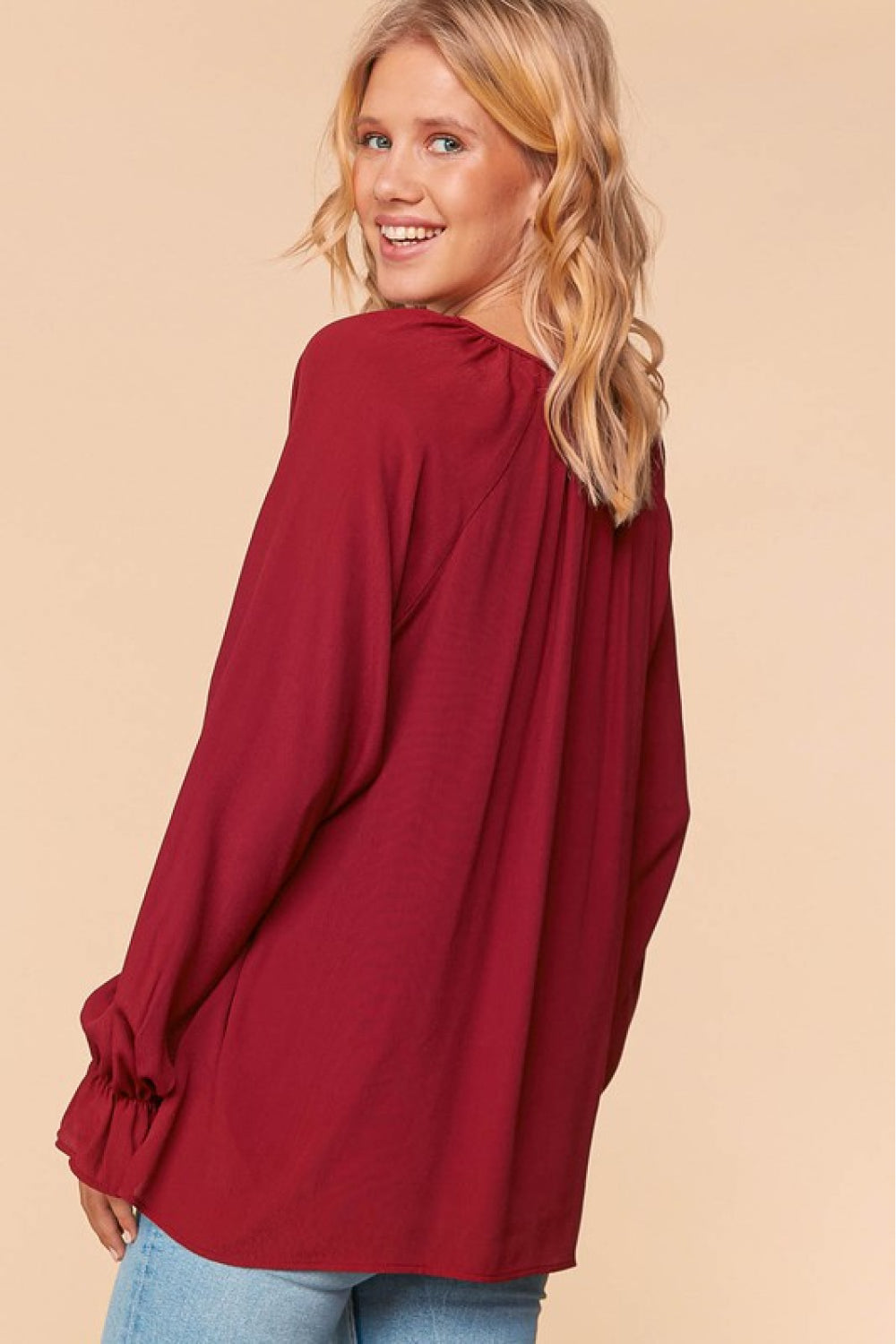 Haptics Full Size Tie Neck Flounce Sleeve Blouse