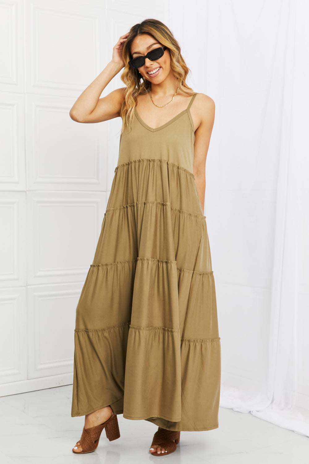 Zenana Full Size Spaghetti Strap Tiered Dress with Pockets in Khaki