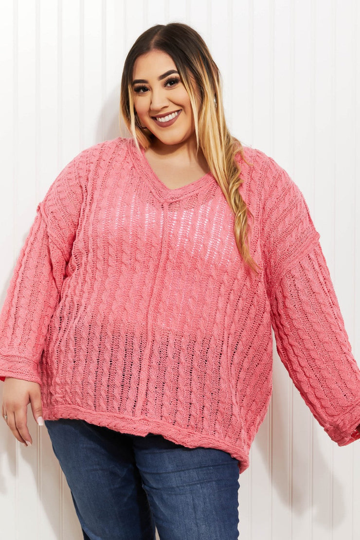 POL My Way Full Size Cable Knit Flare Sleeve Sweater