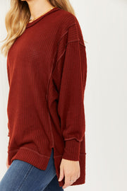 Zenana Alta Heights Full Size Waffle Knit Exposed Seam Sweater