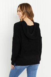 POL Game Night Full Size Textured Knit Hoodie in Black