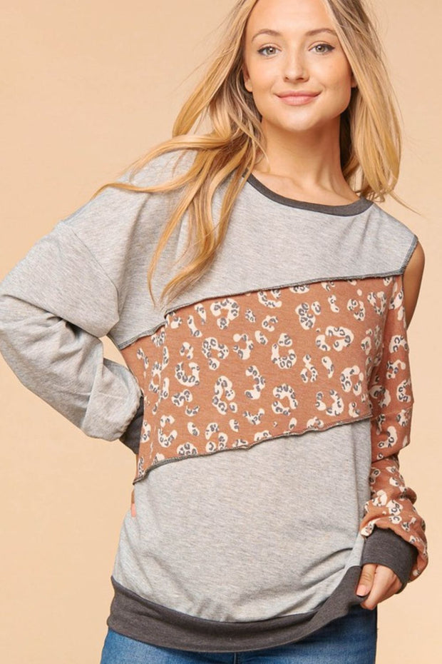 Haptics Full Size Leopard Color Block Cold-Shoulder Top