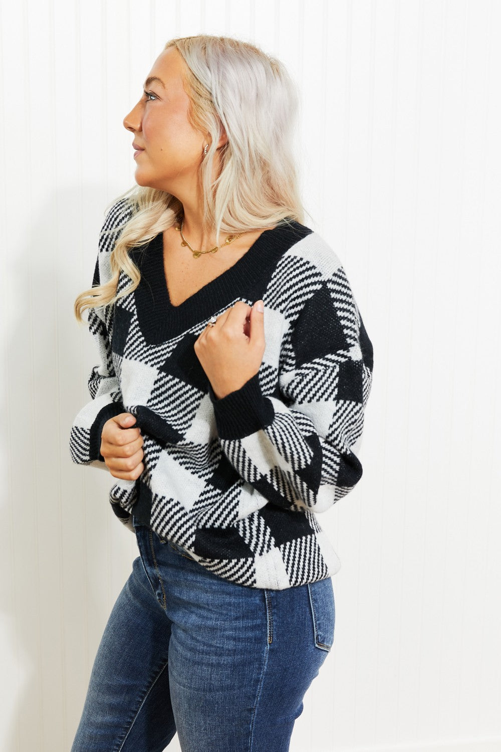 Heimish Plaid and Personality Full Size V-Neck Sweater