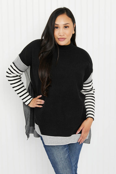 Zenana Cabinside Full Size Contrast Stripe Mock Neck Sweater