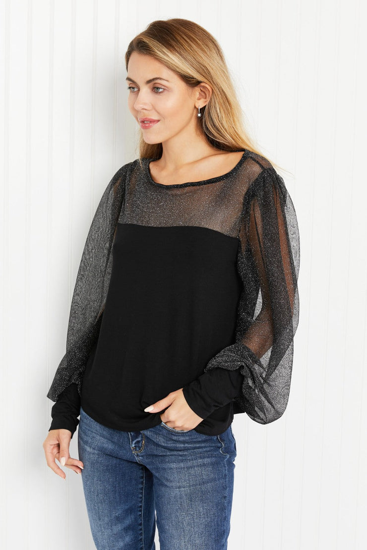 Emerald Glamorous Evening Illusion Metallic Mesh Balloon Sleeve Top