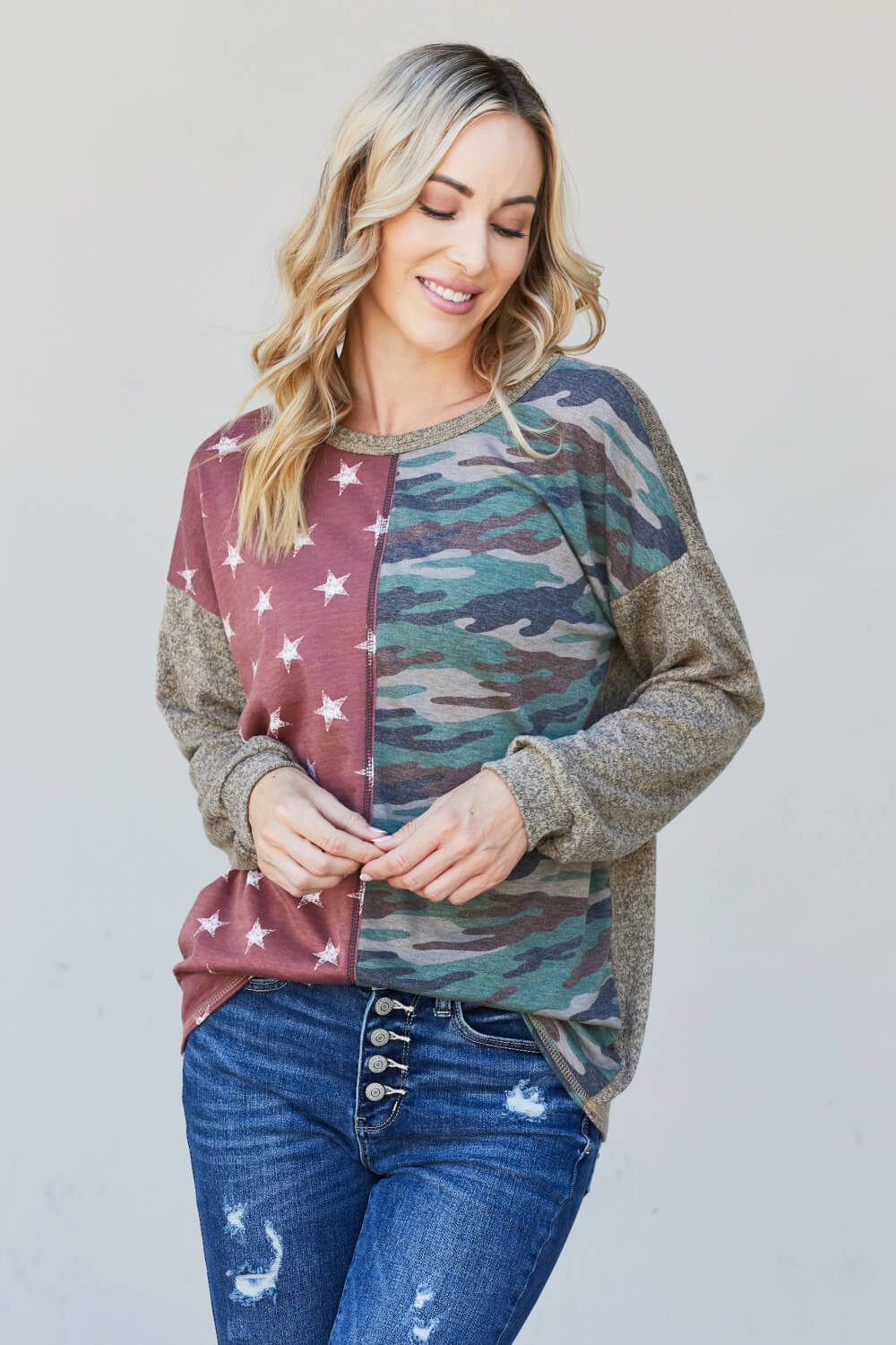 Heimish Full Size Camo and Star Print Top