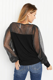 Emerald Glamorous Evening Illusion Metallic Mesh Balloon Sleeve Top