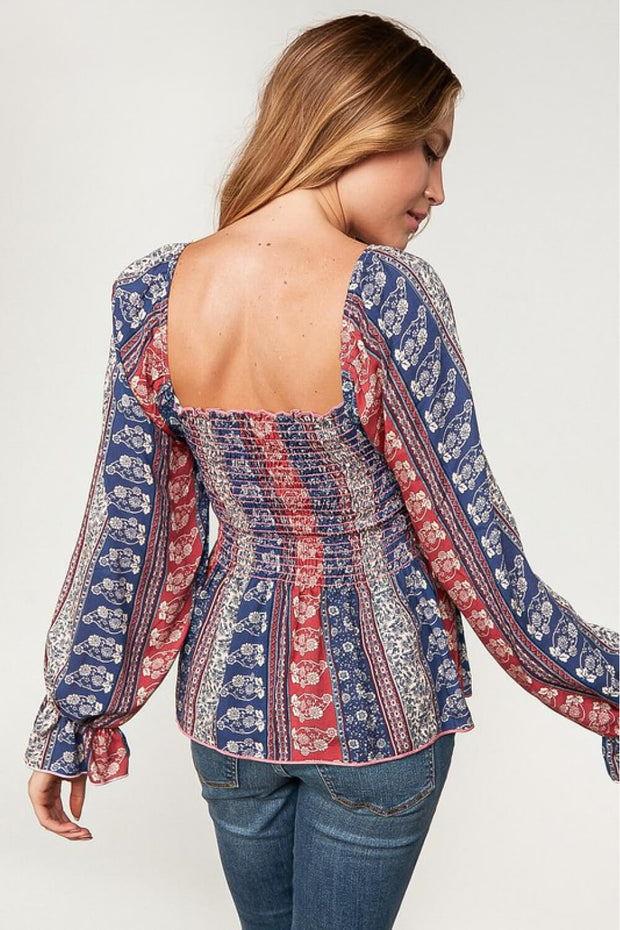 Sugarfox Full Size Printed Square Neck Peplum Top