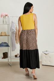 P & Rose Girl Next Door Full Size Run Leopard Color Block Dress in Mustard