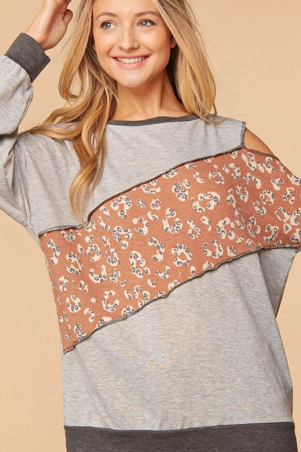 Haptics Full Size Leopard Color Block Cold-Shoulder Top
