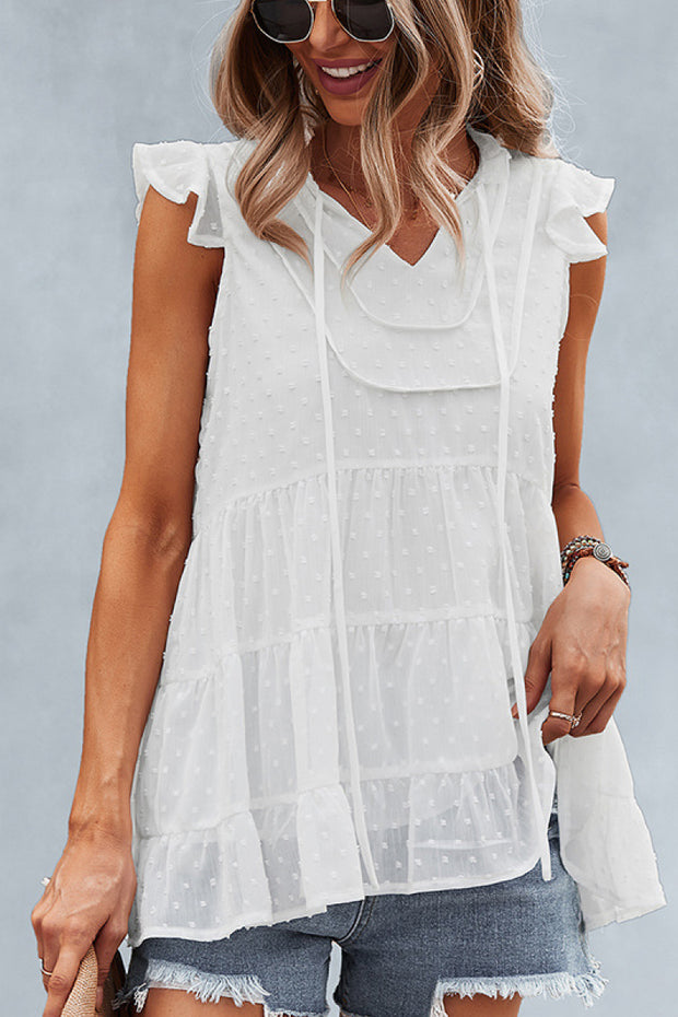 Swiss Dot Ruffle Sleeve Tiered Top