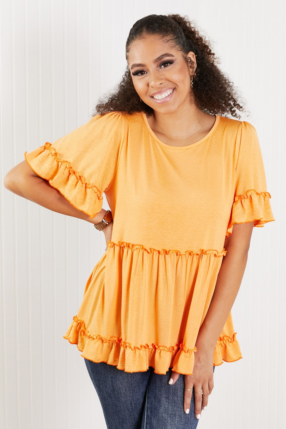 Hailey & Co Our Song Full Size Ruffled Babydoll Top