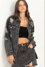 HYFVE Tess Distressed Denim Jacket in Black Denim