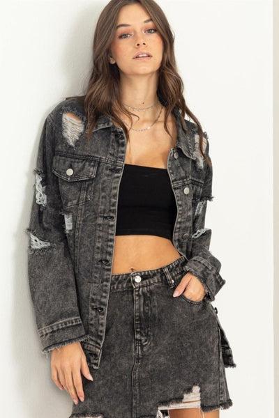 HYFVE Tess Distressed Denim Jacket in Black Denim