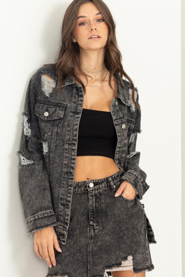 HYFVE Tess Distressed Denim Jacket in Black Denim