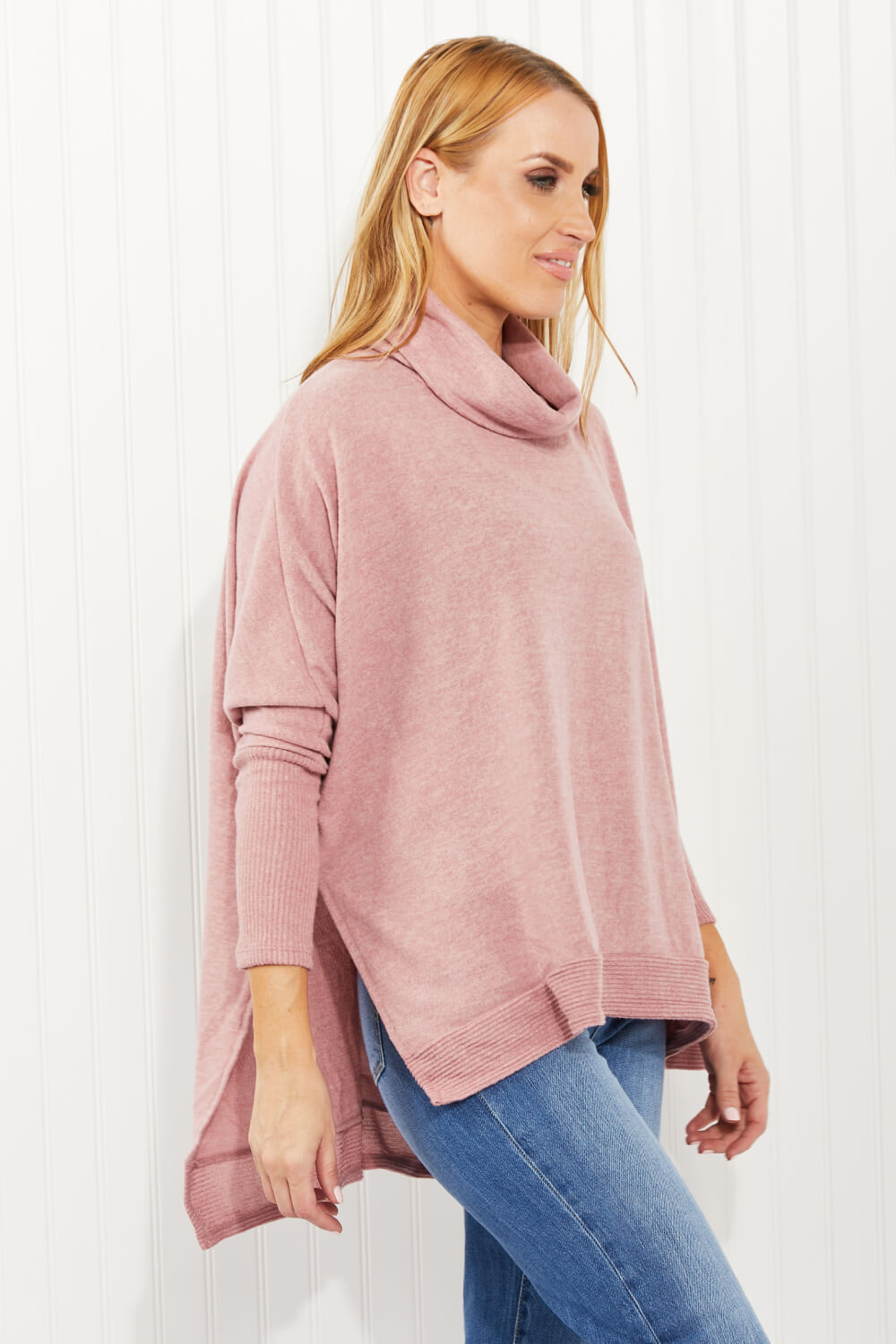 Zenana Love and Cuddles Full Size Cowl Neck Poncho Sweater in Light Rose