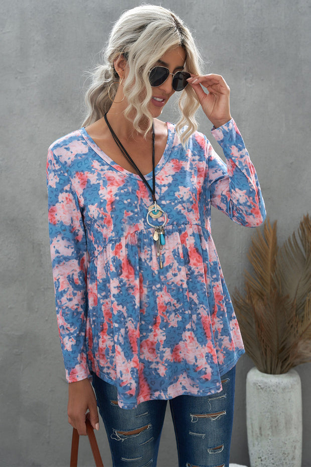 Leopard and Tie-Dye Print Ruffle Hem Top
