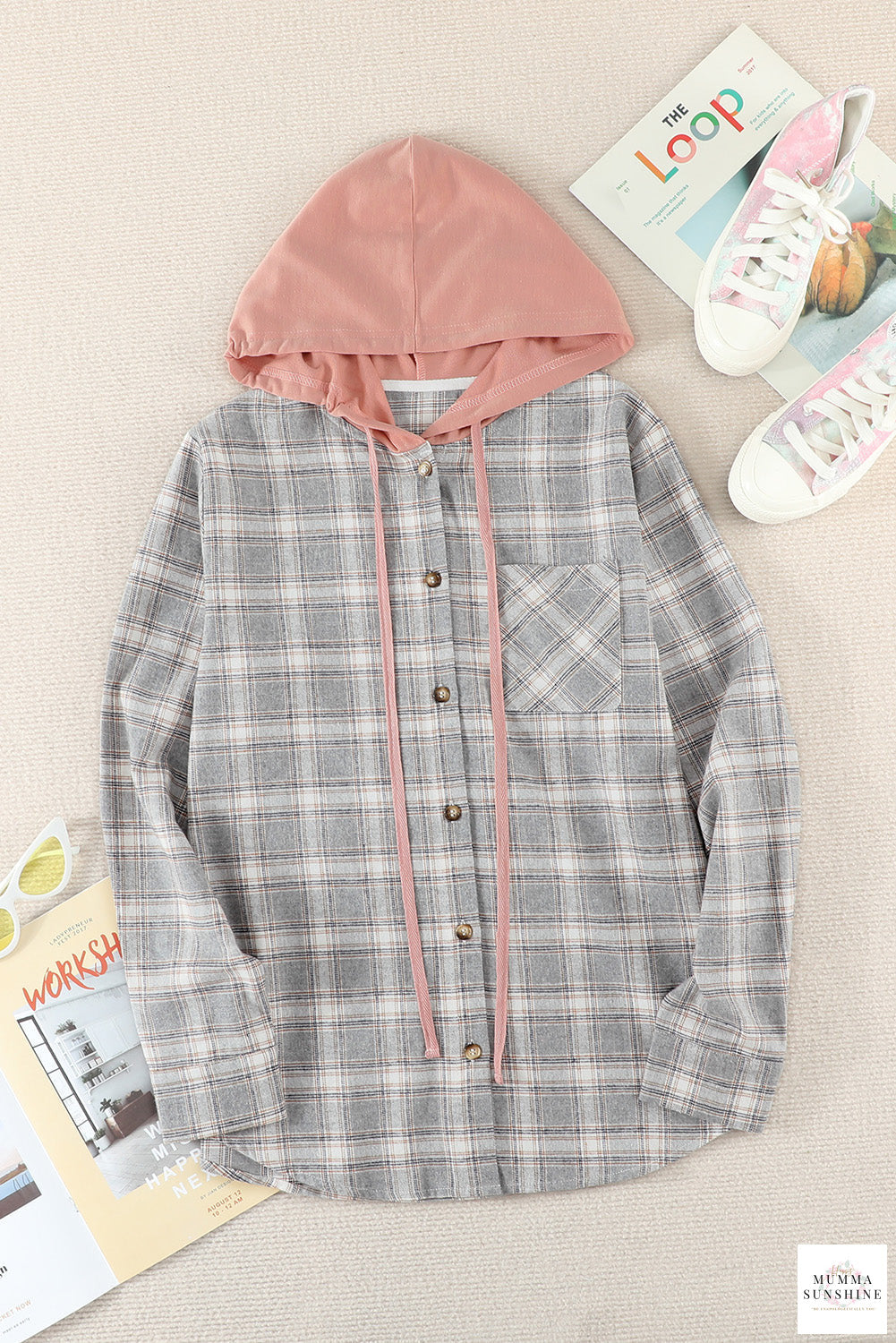 Plaid Drawstring Hooded Shirt Jacket