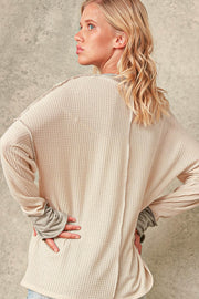 Sugarfox Full Size Contrast Exposed Seam Slit Waffle-Knit Top
