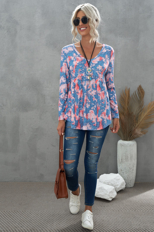 Leopard and Tie-Dye Print Ruffle Hem Top